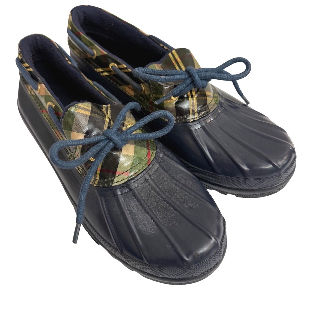 Sperry Top-Sider Navy Blue Plaid‎ Waterproof Rubber Duck Boots Womens 8 EUC